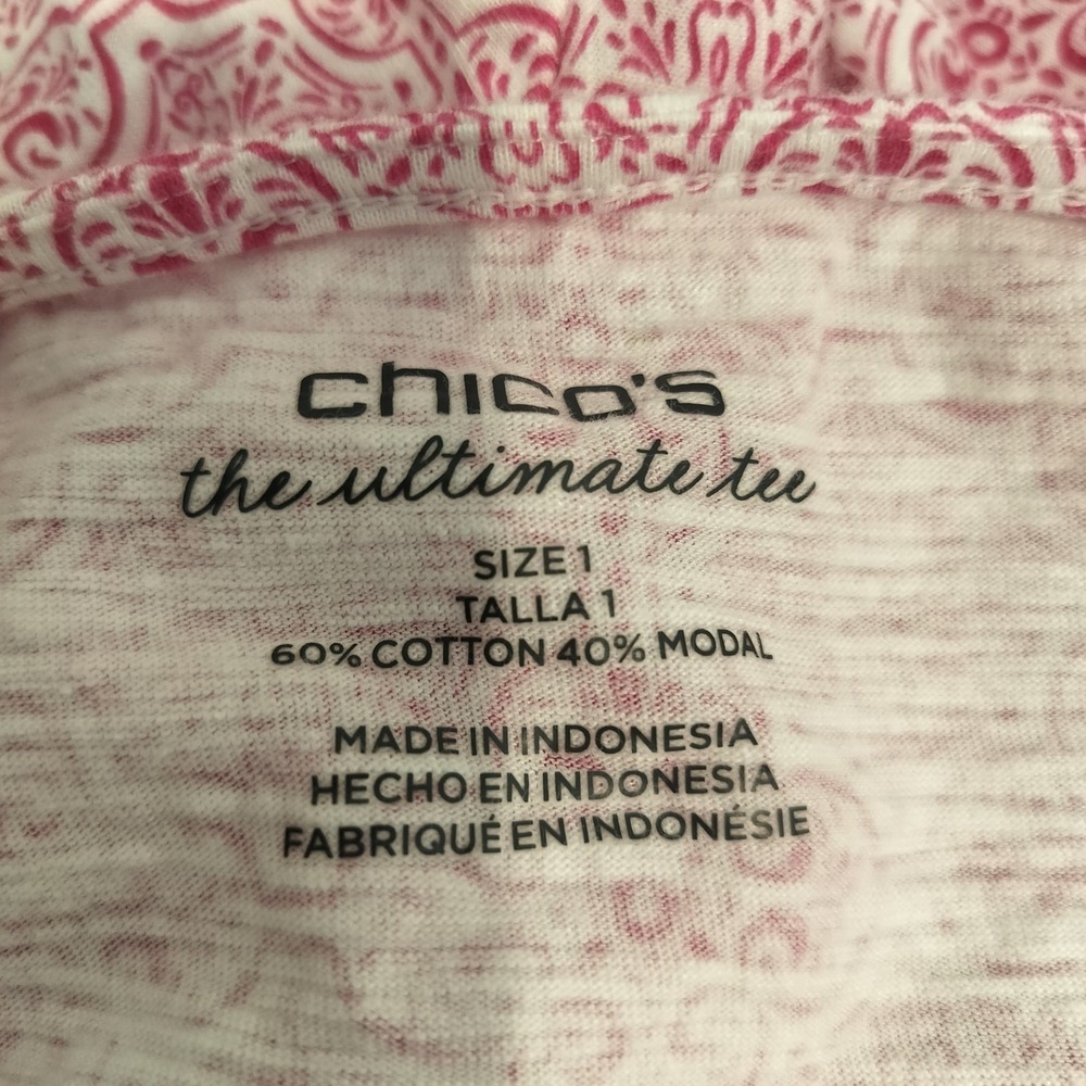 Chico's The Ultimate Tee Womens 1 / Medallion Floral Pink White Hi Low Hem - Picture 8 of 9